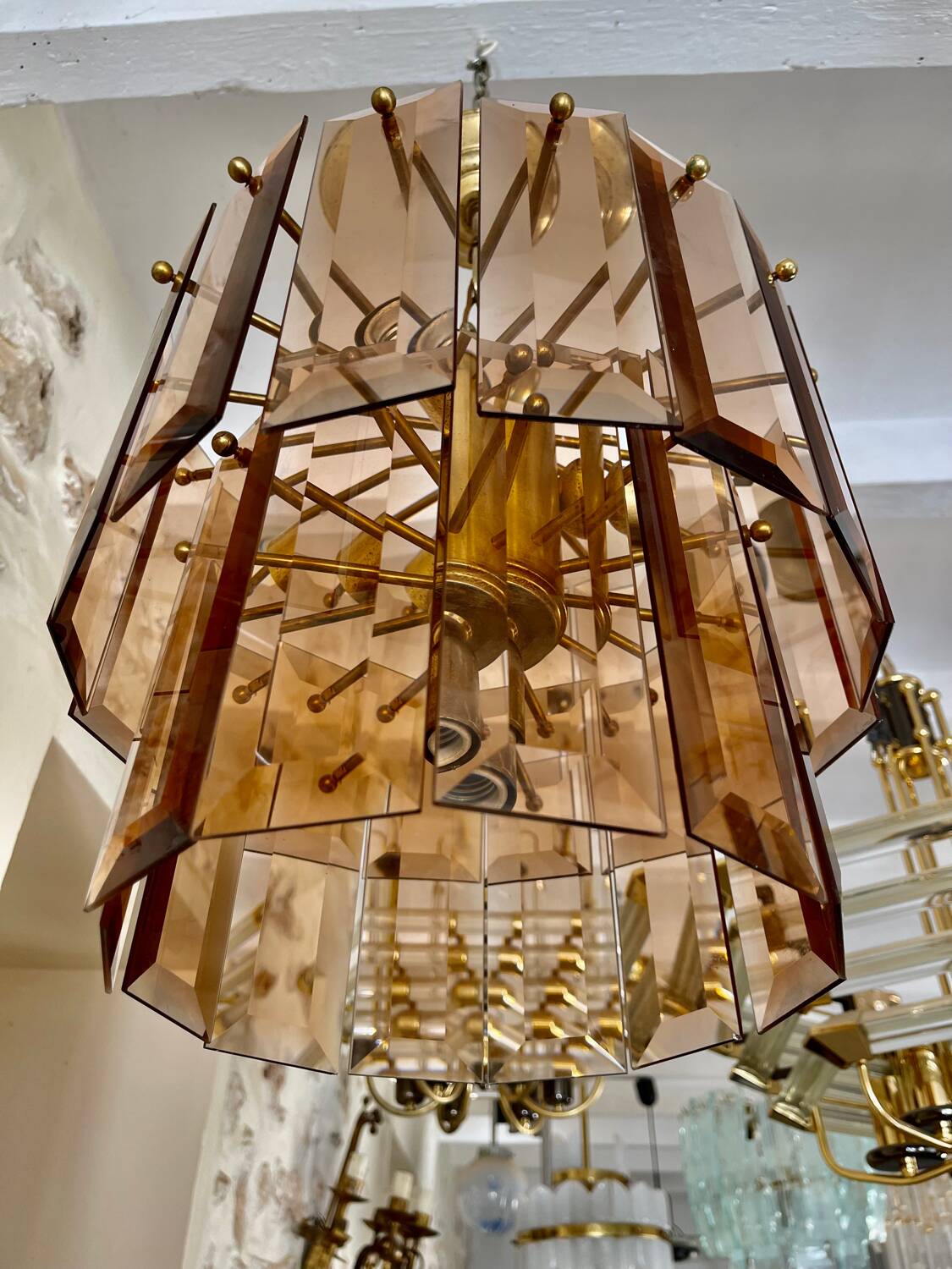 Veca chandelier glass structure brass, Spain 1960