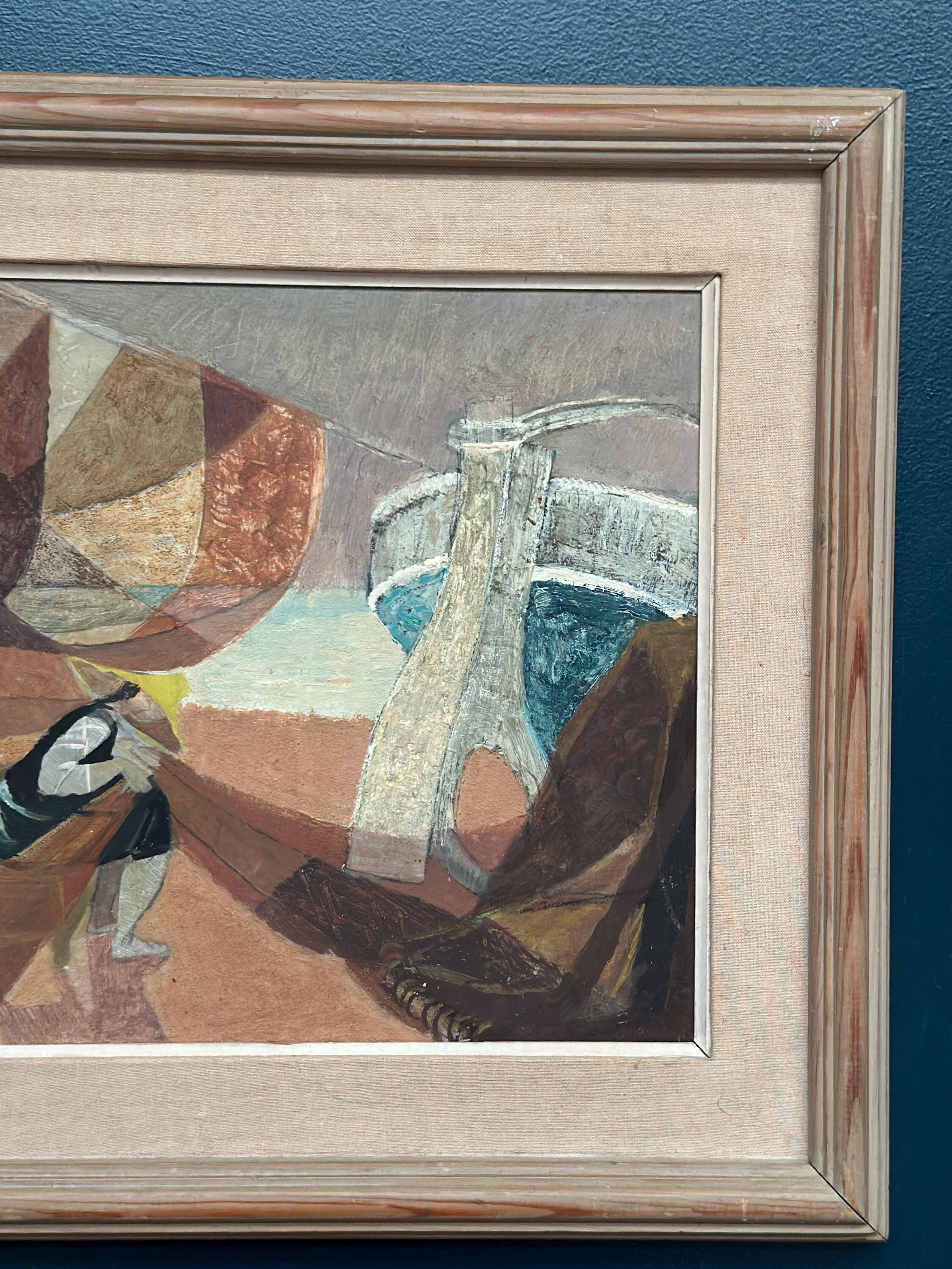 Original Swedish Oil on Panel – “Figure with Boats” by Nils Öst (1908–1982)