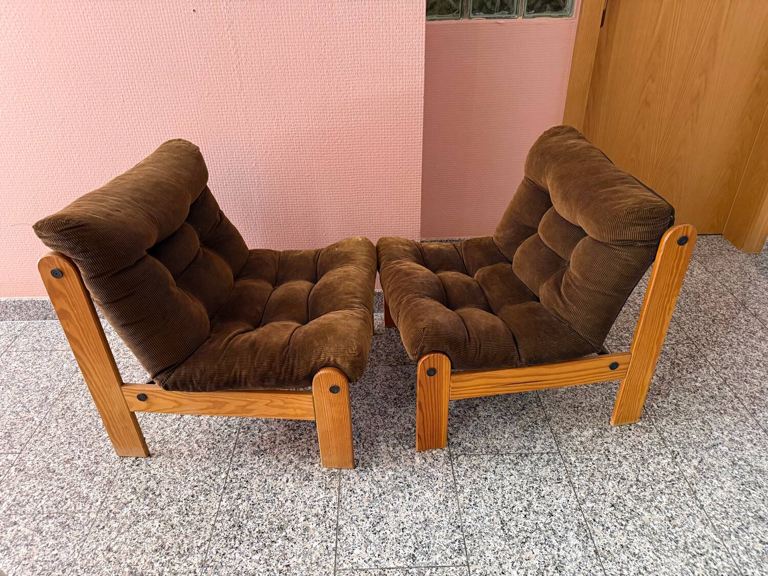 Small Scandinavian pine and velvet armchair
