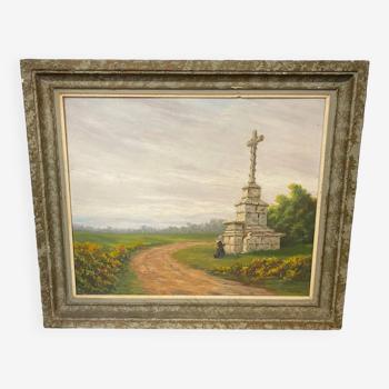 Breton calvary oil painting signed richard region finistere