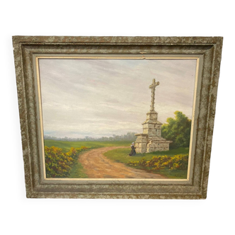 Breton calvary oil painting signed richard region finistere