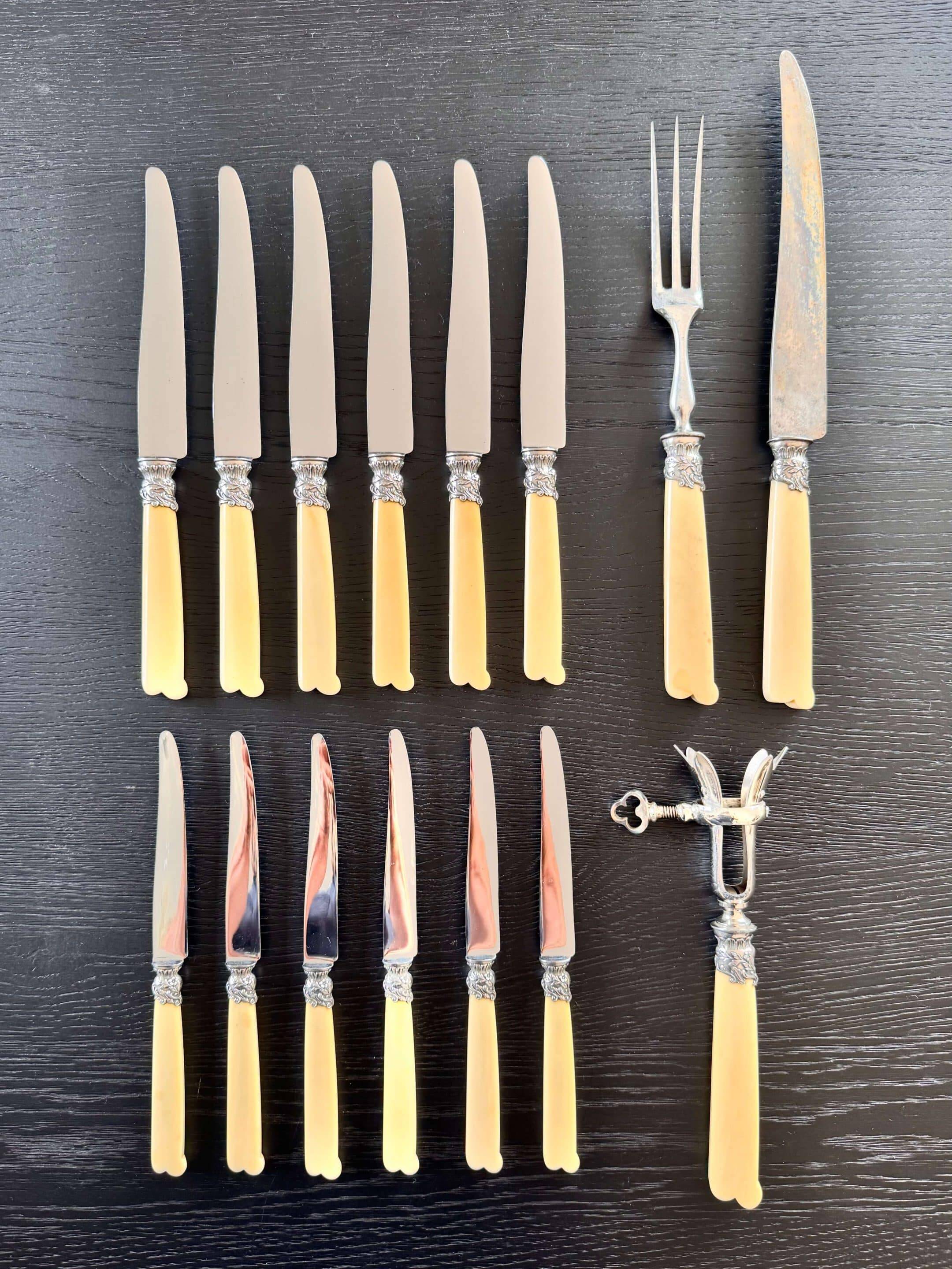 12 Robert Linzeler knives and leg of lamb set for Jules Piault Paris