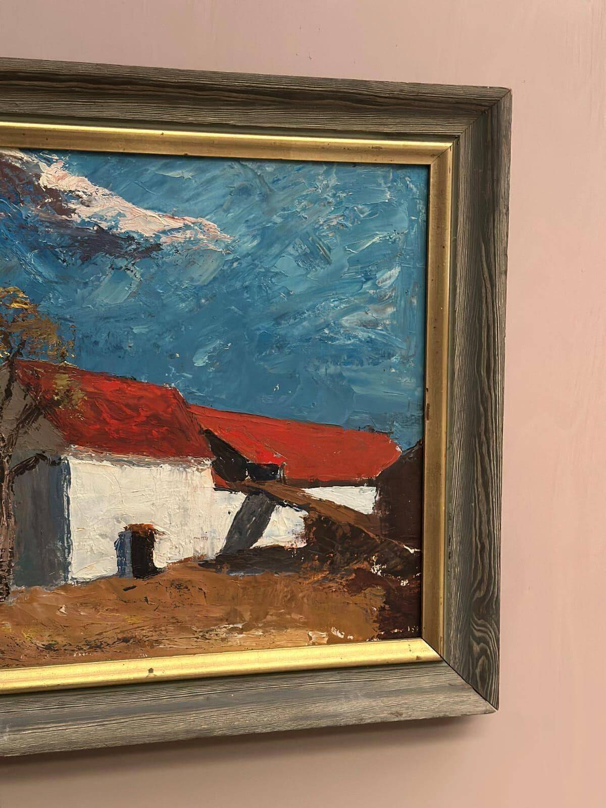 Huile sur panneau originale – “Barn” par Bartja Björklund – Vintage et encadrée