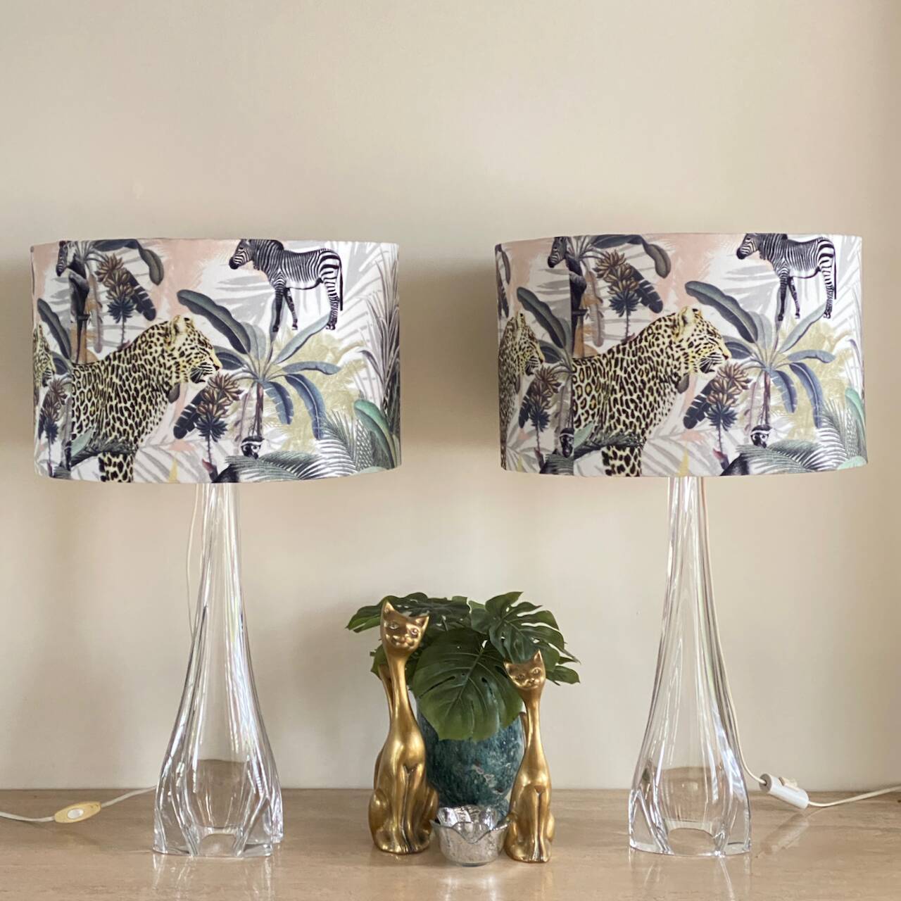 Pair large clear crystal val saint lambert table lamps - belgium 1950's