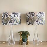 Pair large clear crystal val saint lambert table lamps - belgium 1950's