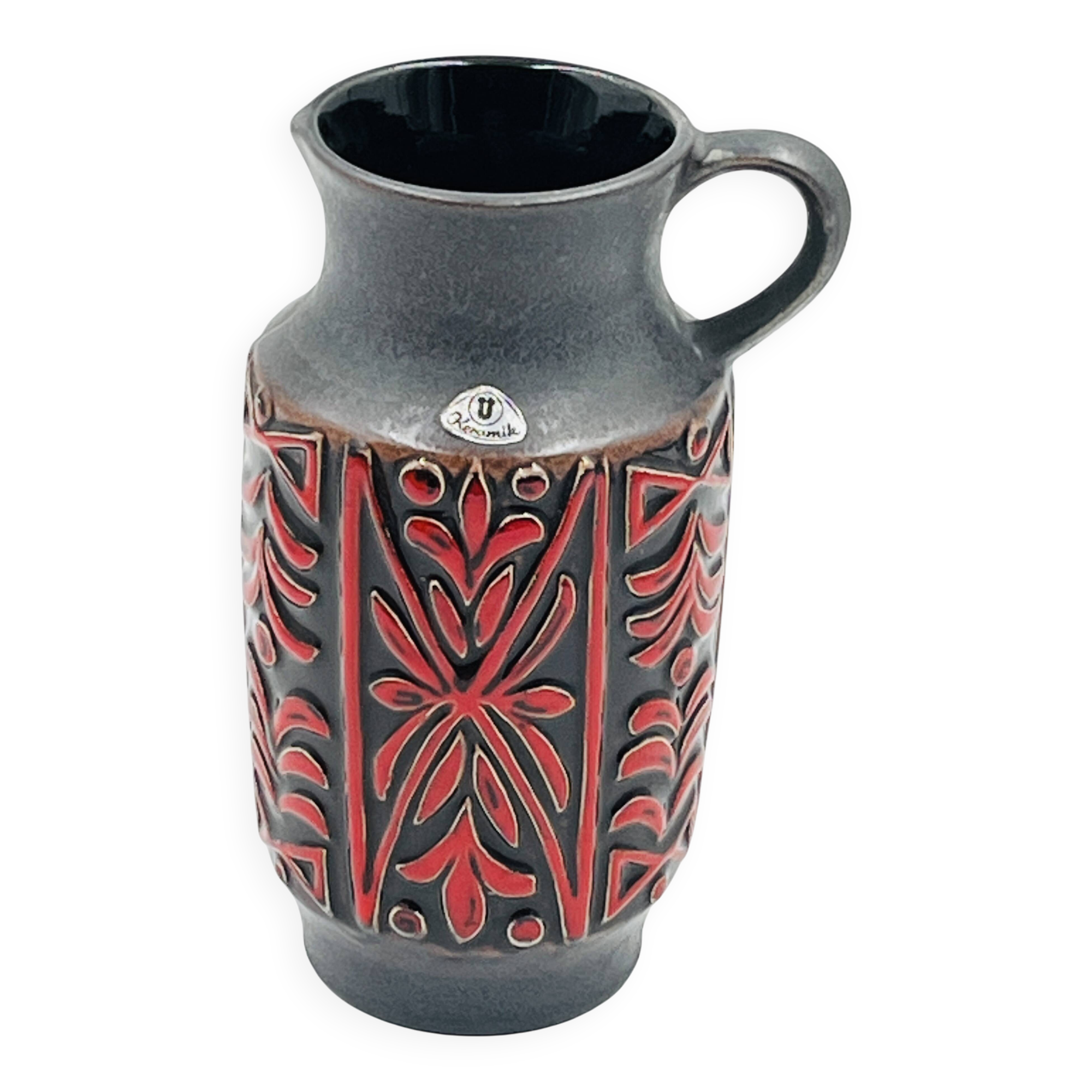 Vase West Germany, ceramic relief, red, 1970s.