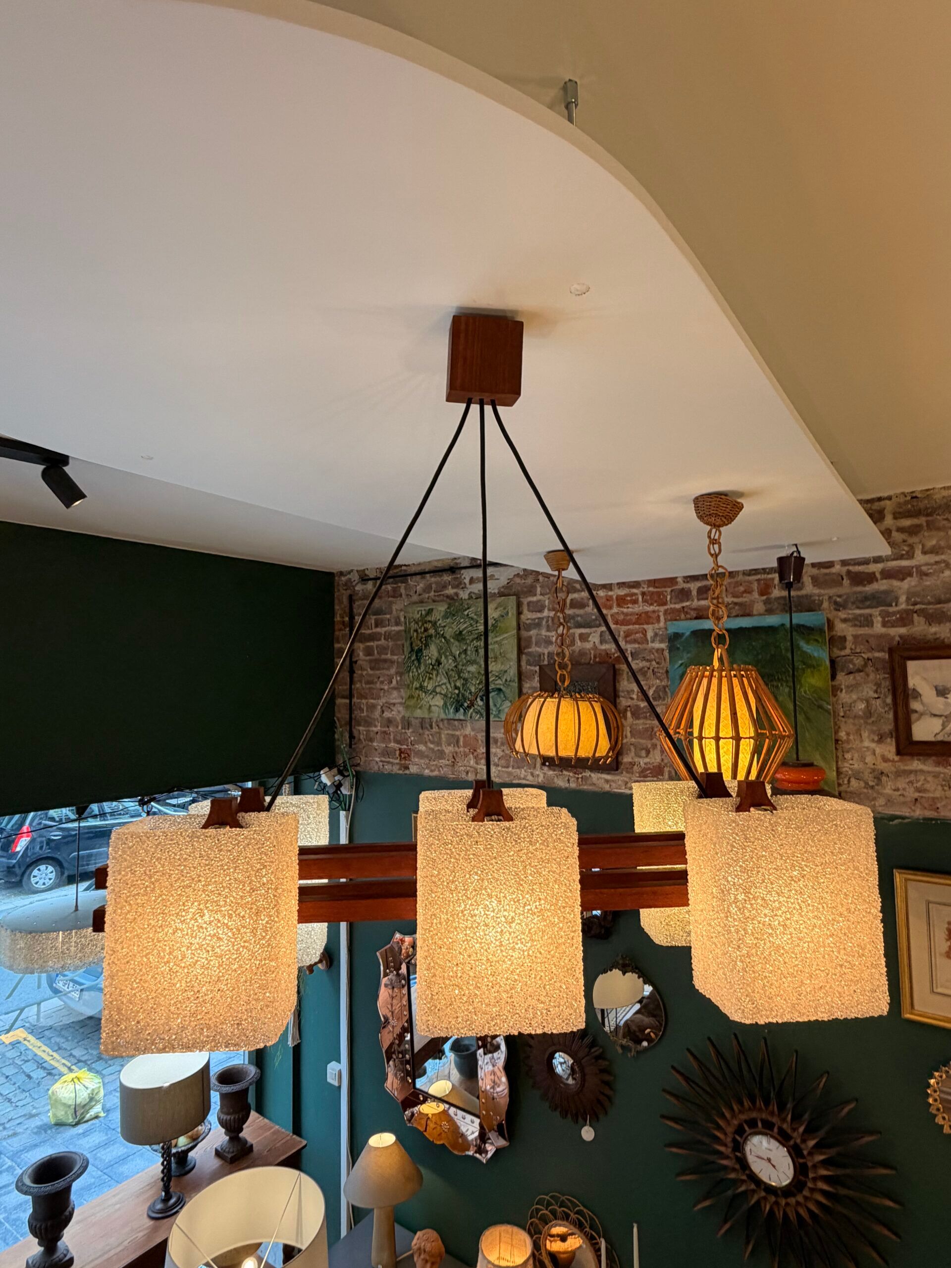 1960s Scandinavian suspension light in teak and perspex.