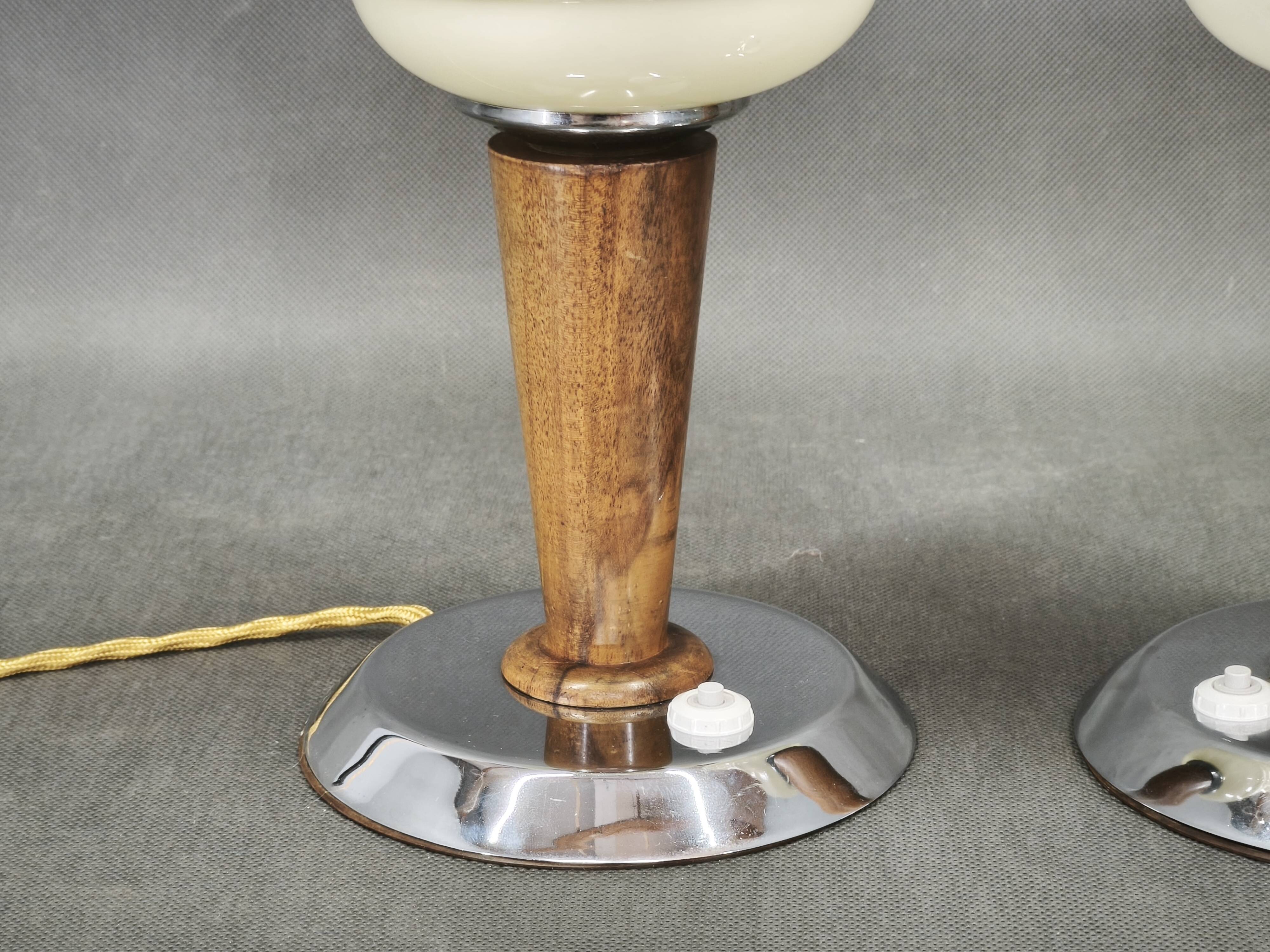 Pair of Italian Opaline Glass, Wood and Chrome Table Lamps, 1950s