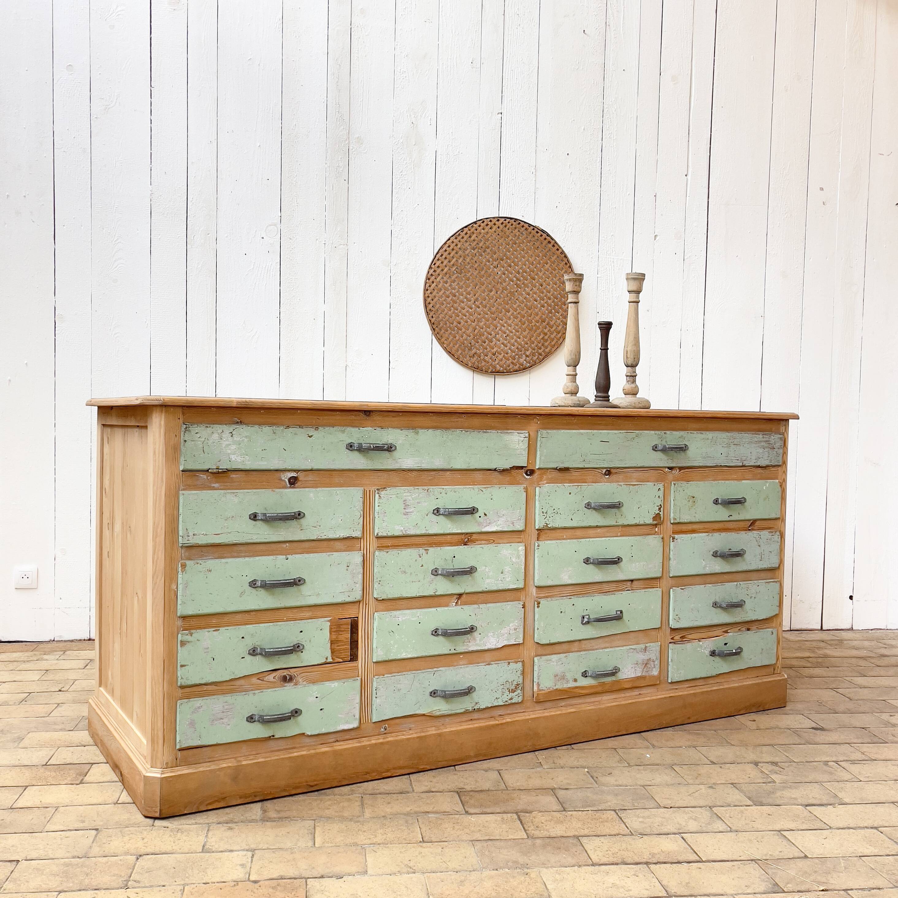 Old wooden display case with drawers, 1950