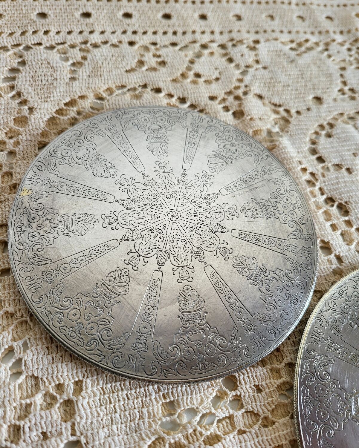 Set of 2 Silver-Plated Metal Coasters for Carafes or Bottles, Swedish