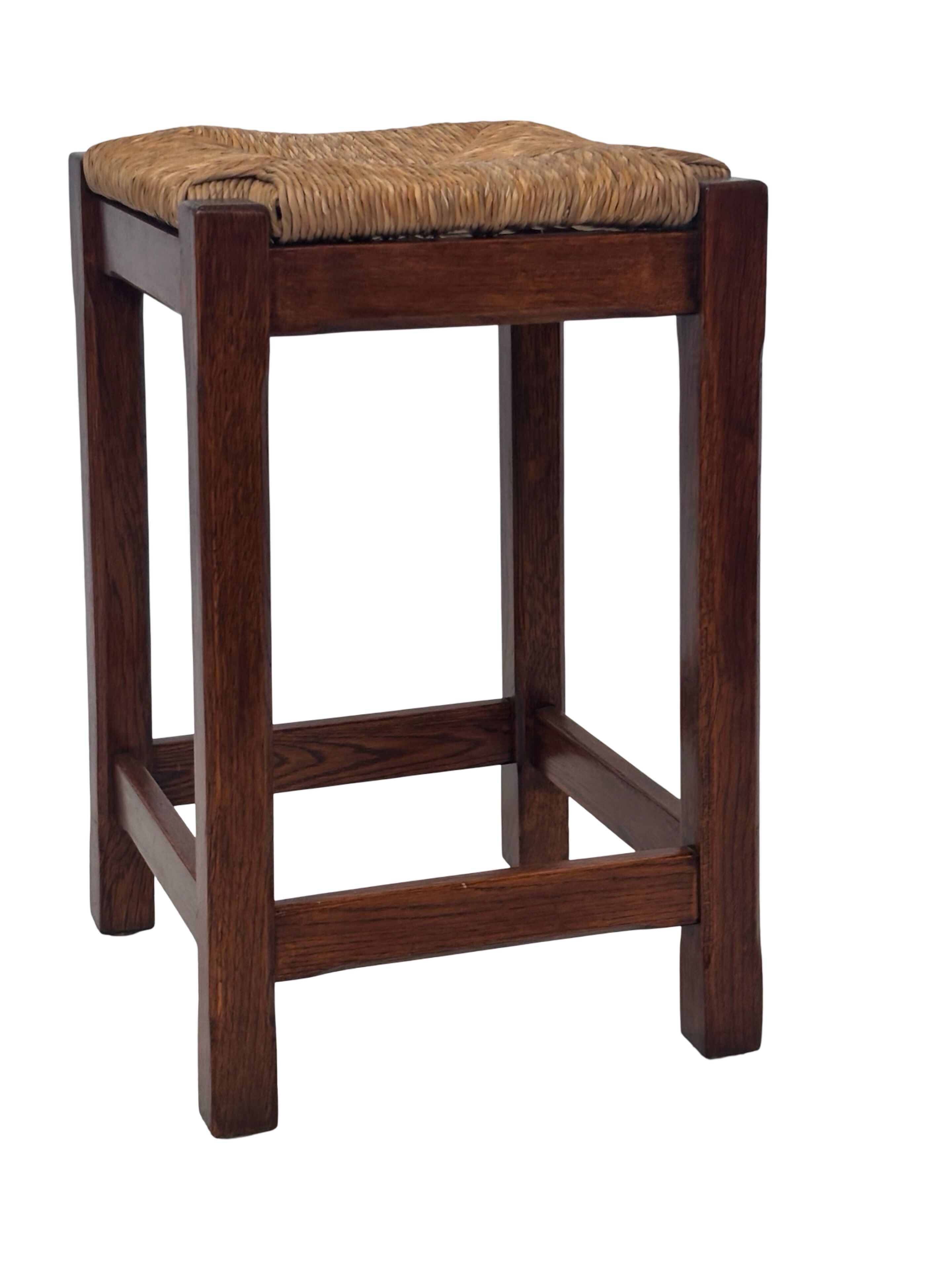 Vintage rattan stool with oak, 60s wabi sabi design, minimalist