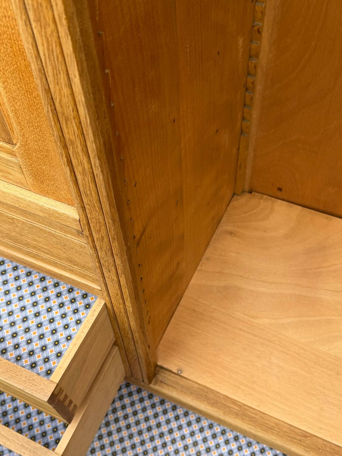 Parisian hotel wardrobe with bevelled mirror, solid raw oak, 1920.