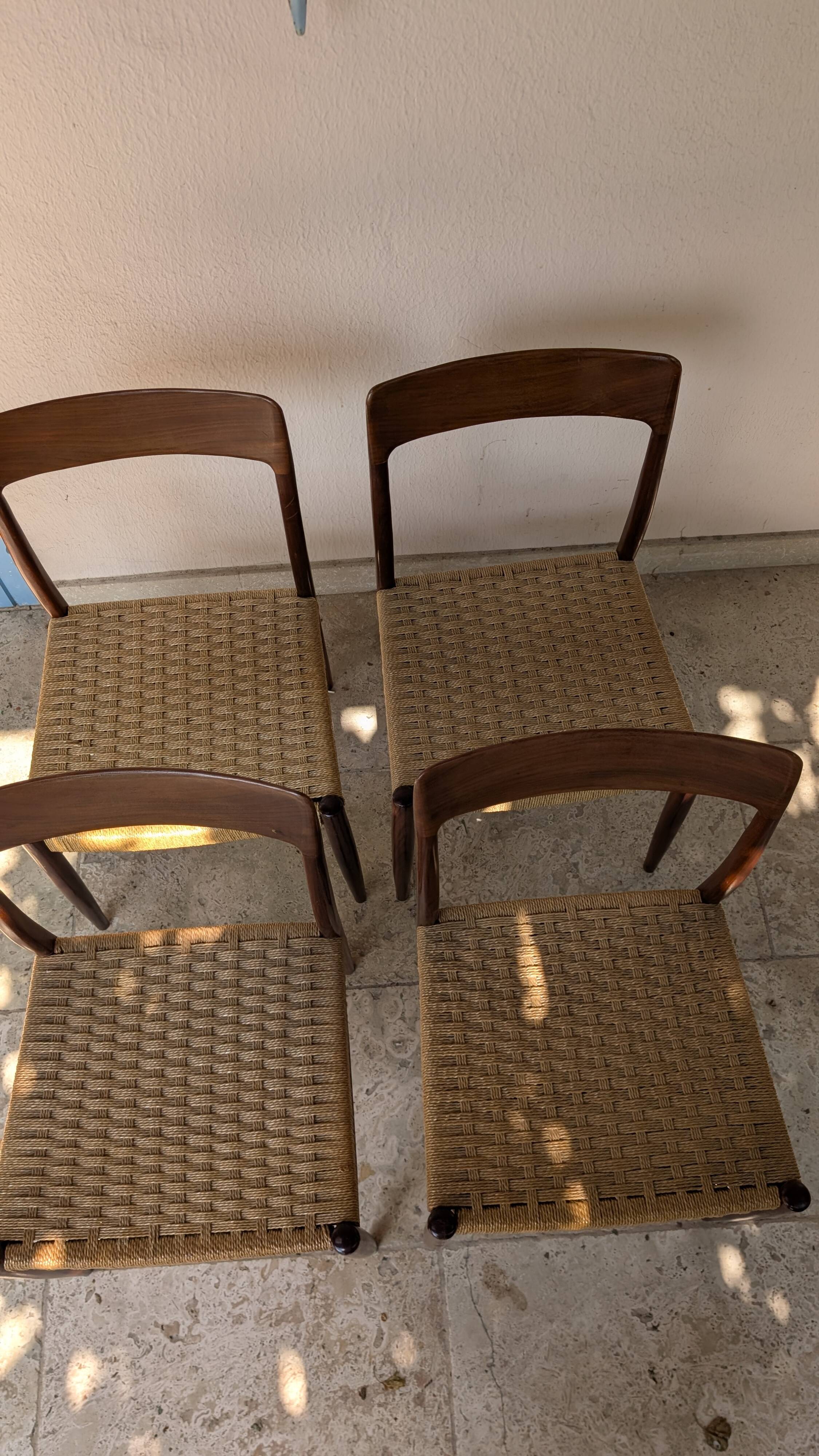 Set of 4 vintage teak chairs with weaving, Scandinavian, Mid-Century.