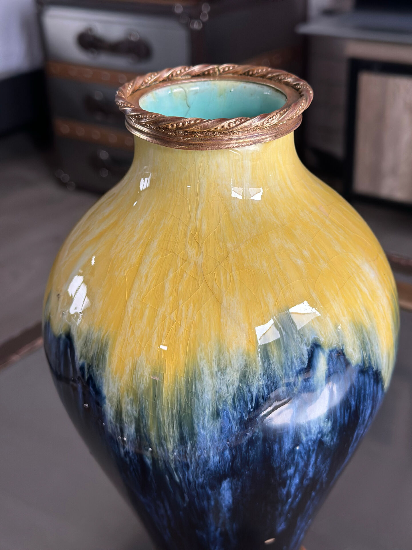 Art Deco vase in yellow and blue flamed earthenware - Shape 485, circa 1930