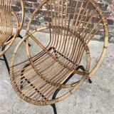 Trio de fauteuils coquille vintage en rotin pieds metal, meubles sièges anciens osier