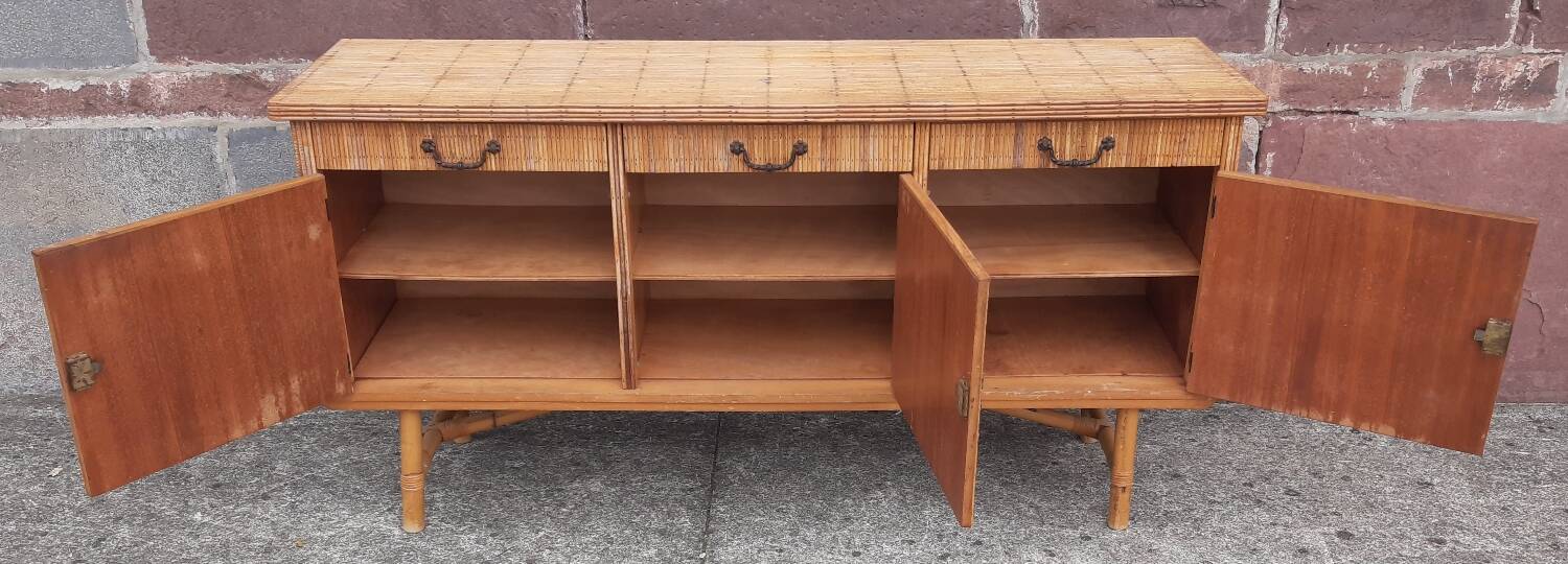 Console table in rattan and bamboo, (Attributed to Audoux-Minet)