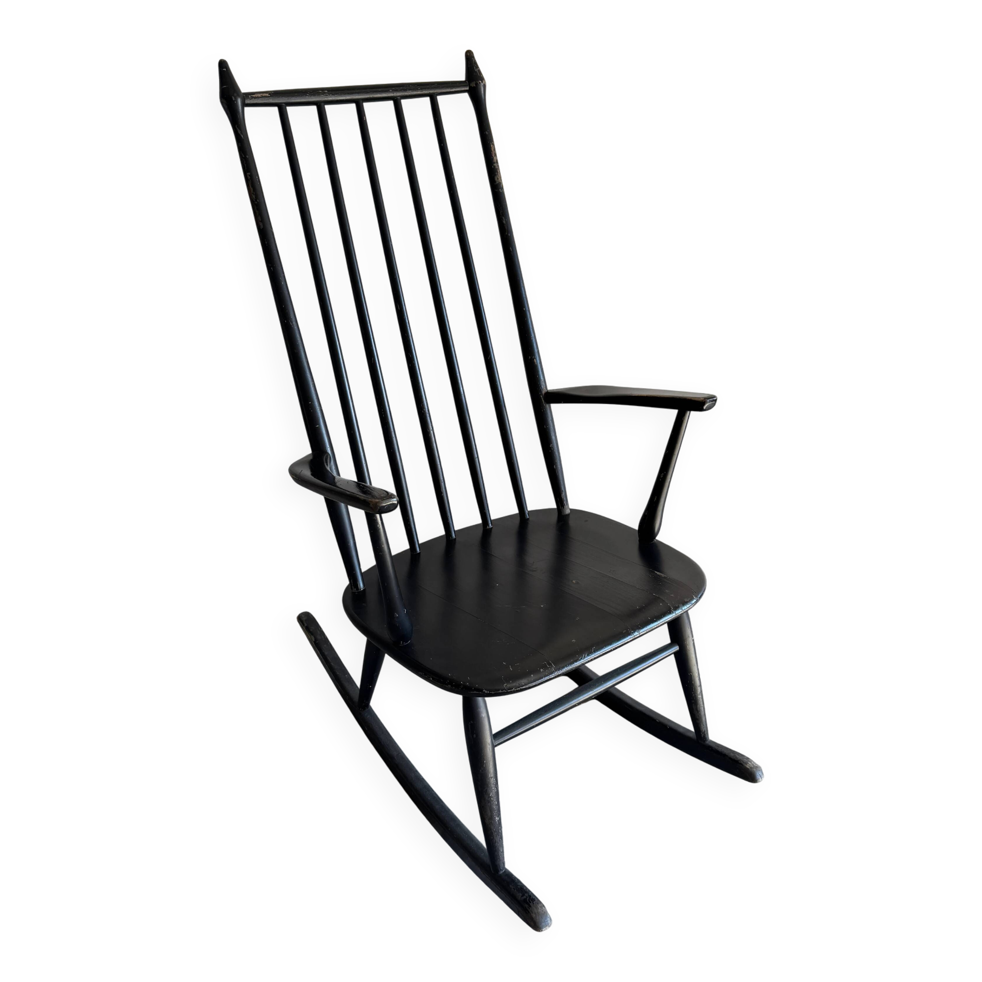 Black solid wood Scandinavian Windsor rocking chair — tall spindle back, mid-20th century