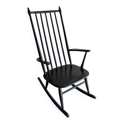 Fauteuil à bascule scandinave Windsor en bois massif noir — dossier à barreaux hauts, milieu du XXe siècle