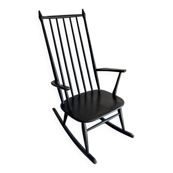 Fauteuil à bascule scandinave Windsor en bois massif noir — dossier à barreaux hauts, milieu du XXe siècle