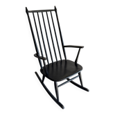 Fauteuil à bascule scandinave Windsor en bois massif noir — dossier à barreaux hauts, milieu du XXe siècle