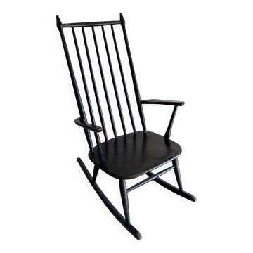 Black solid wood Scandinavian Windsor rocking chair — tall spindle back, mid-20th century