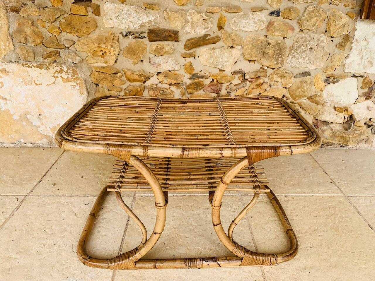 Table basse vintage en bambou et rotin dans le goût de Tito Agnoli, circa 1960