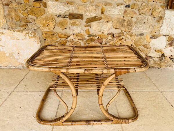 Table basse vintage en bambou et rotin dans le goût de Tito Agnoli, circa 1960