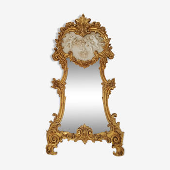 Miroir baroque cadre bois doré et sculpture biscuit  72x156cm