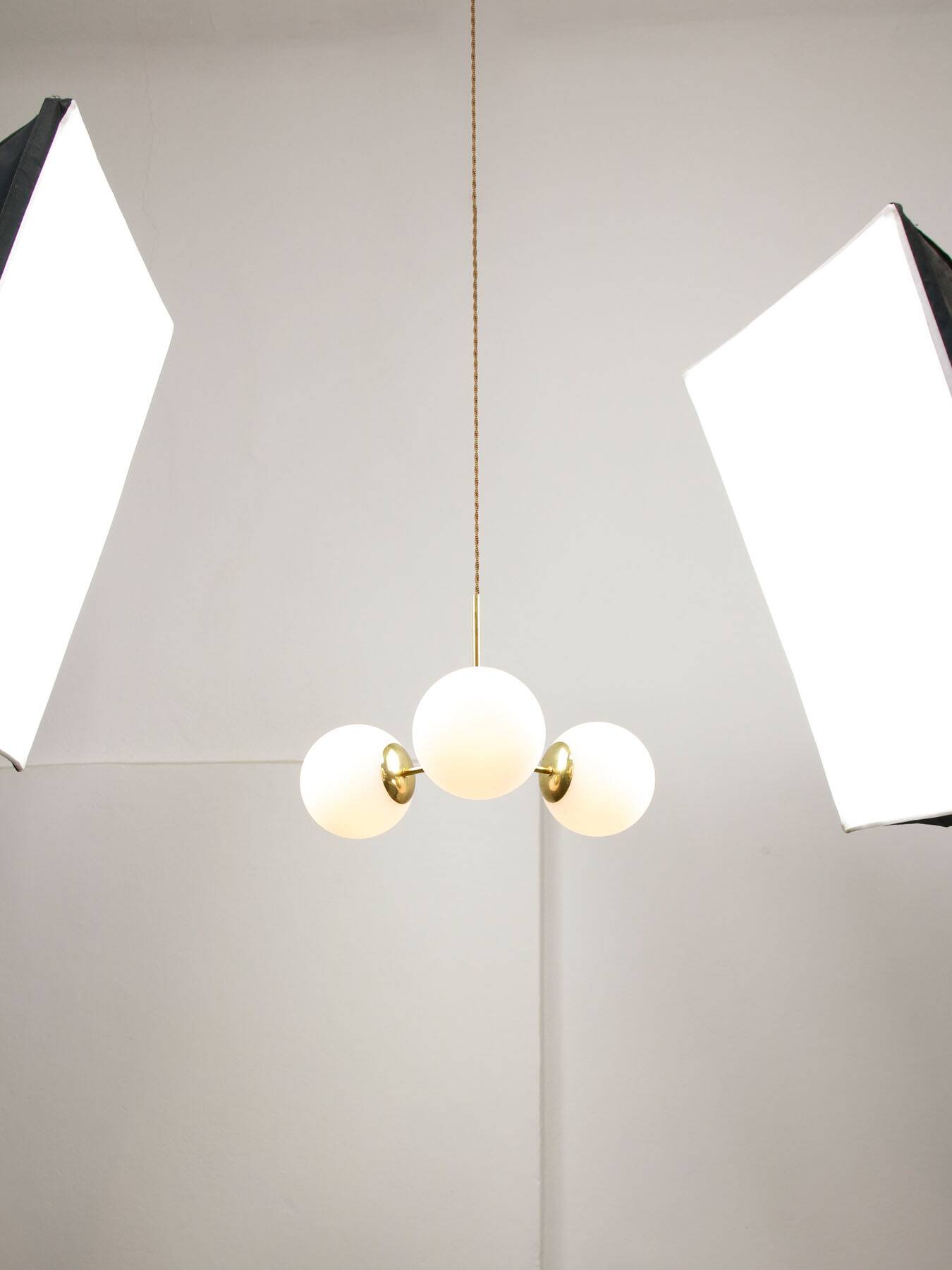 Mid-Century Modern Italian Chandelier in Brass and Opaline Glass, 1960s