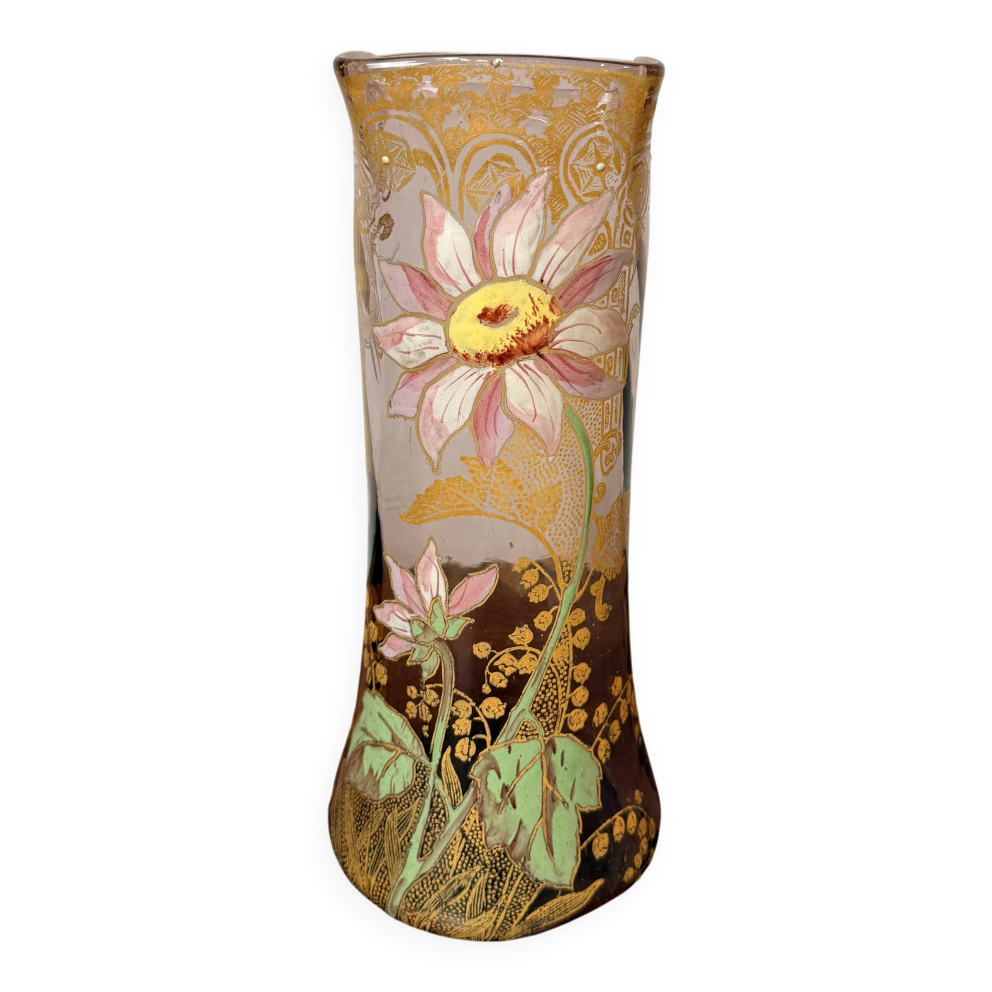 Antique Legras vase – Brown smoked glass with gilded floral enamel – Art Nouveau