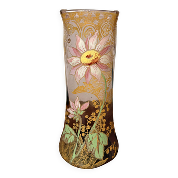 Antique Legras vase – Brown smoked glass with gilded floral enamel – Art Nouveau