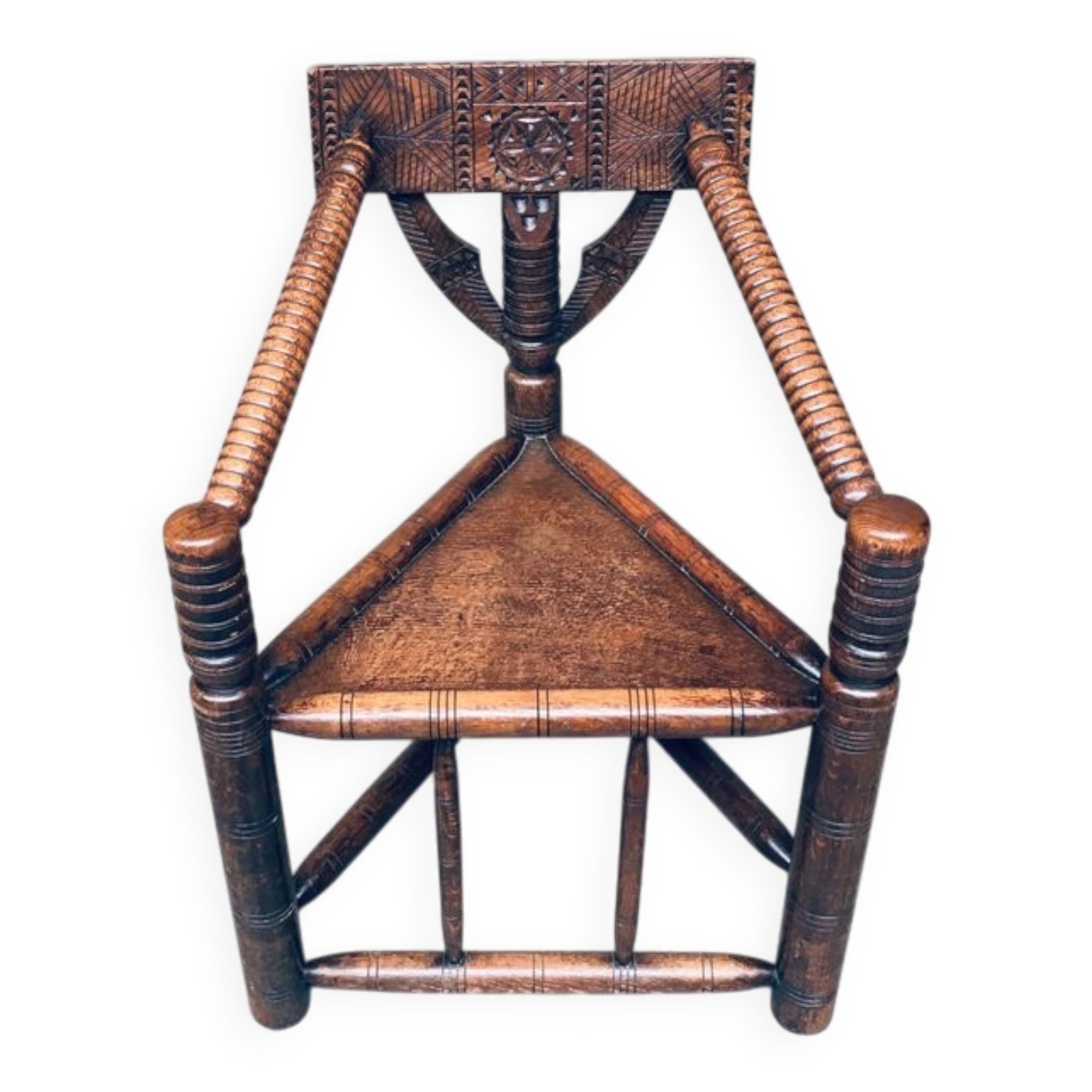 Brutalist Carved Oak Tripod Monk Chair, Sweden, 1930s