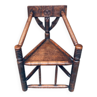 Brutalist Carved Oak Tripod Monk Chair, Sweden, 1930s