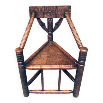 Brutalist Carved Oak Tripod Monk Chair, Sweden, 1930s