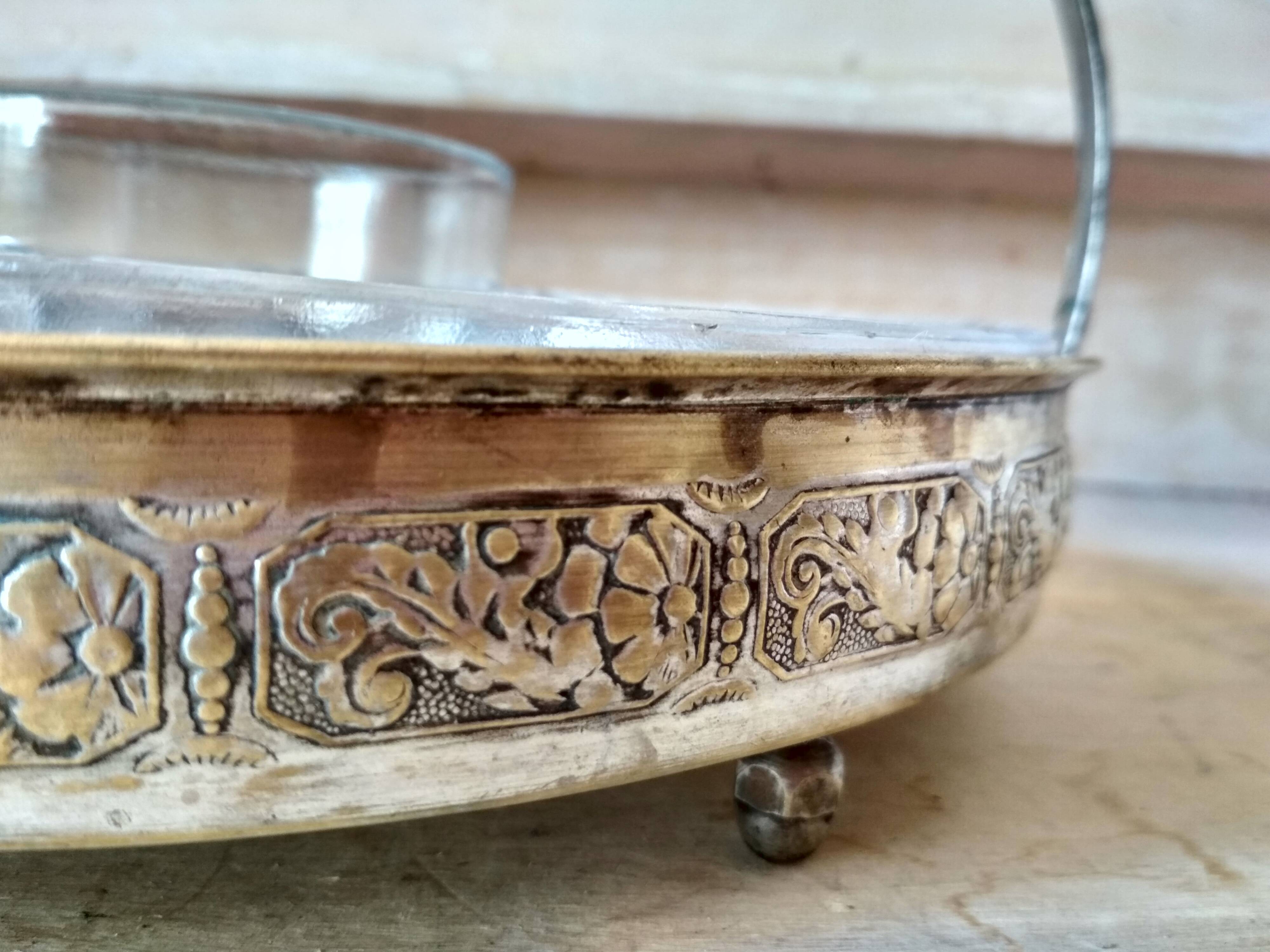 Appetizer tray, servant silver metal and its 5 ramekins 1930s cut glass