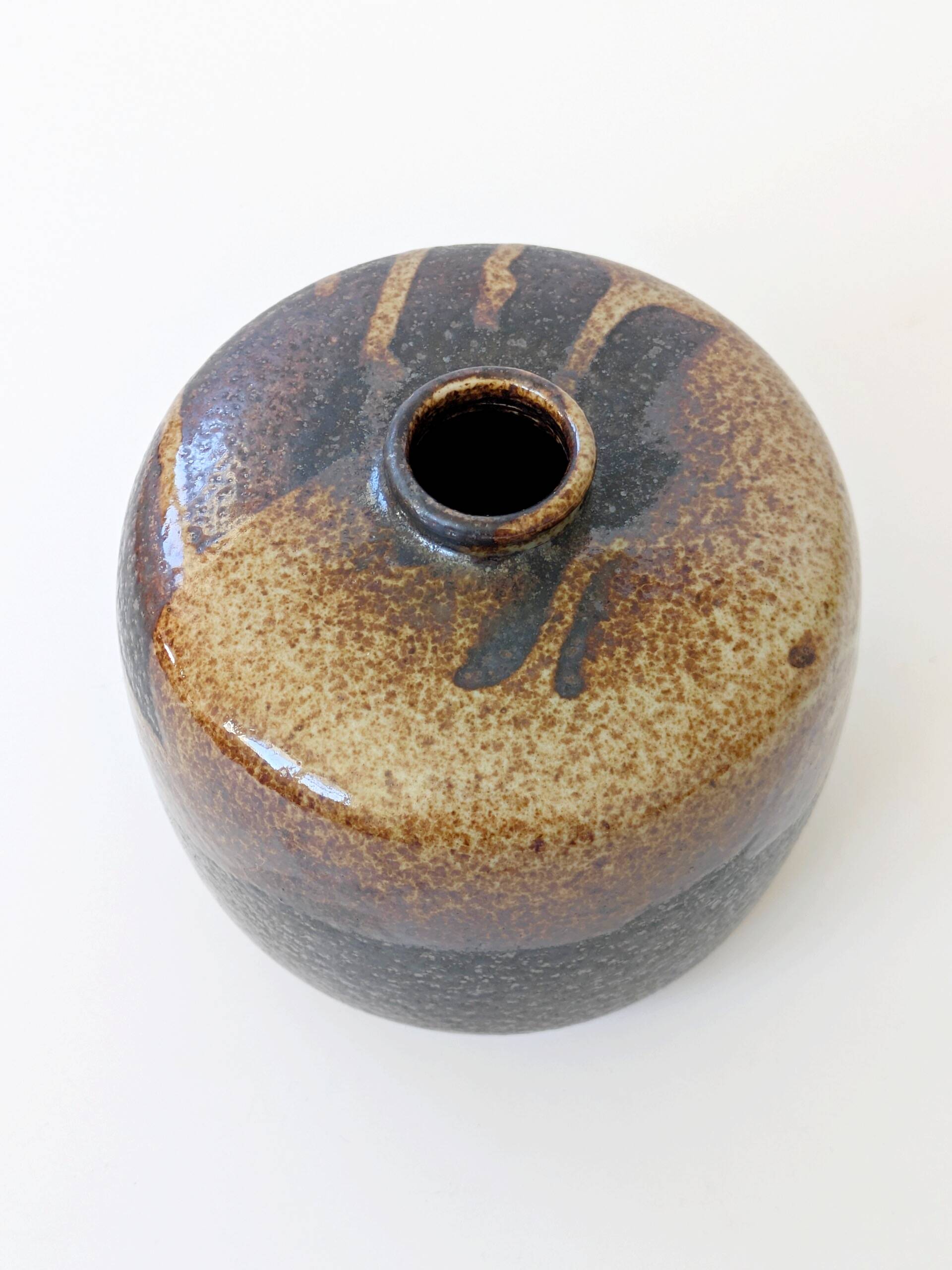 Round stoneware vase, brown and cream glaze, vintage handmade pottery