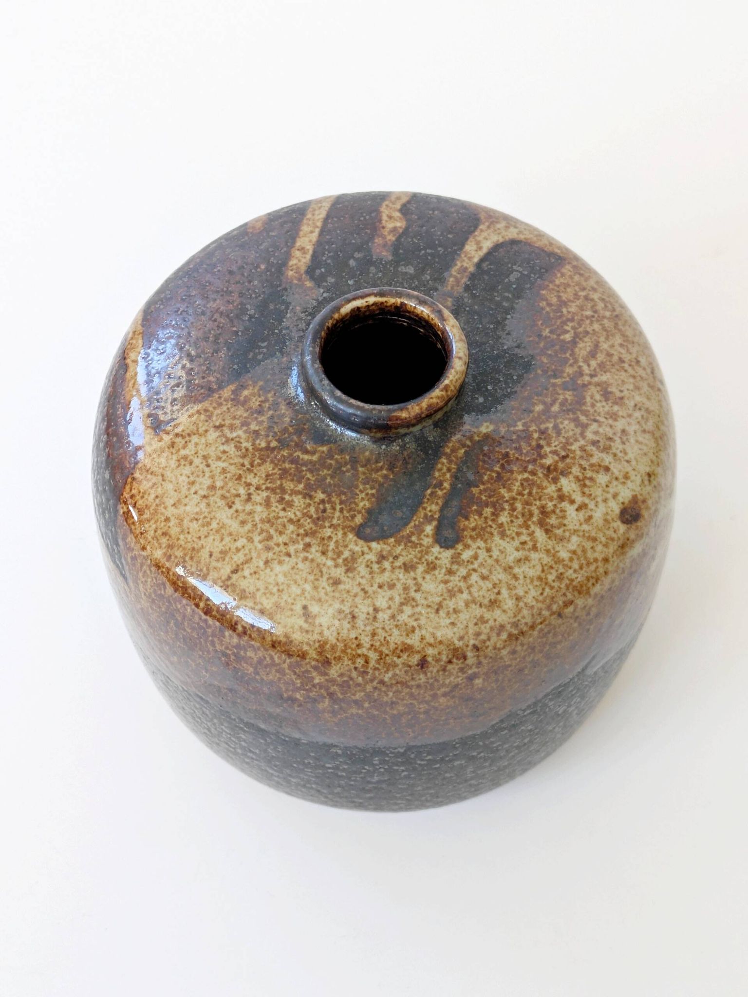 Round stoneware vase, brown and cream glaze, vintage handmade pottery