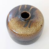 Round stoneware vase, brown and cream glaze, vintage handmade pottery