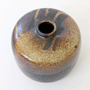 Round stoneware vase, brown and cream glaze, vintage handmade pottery