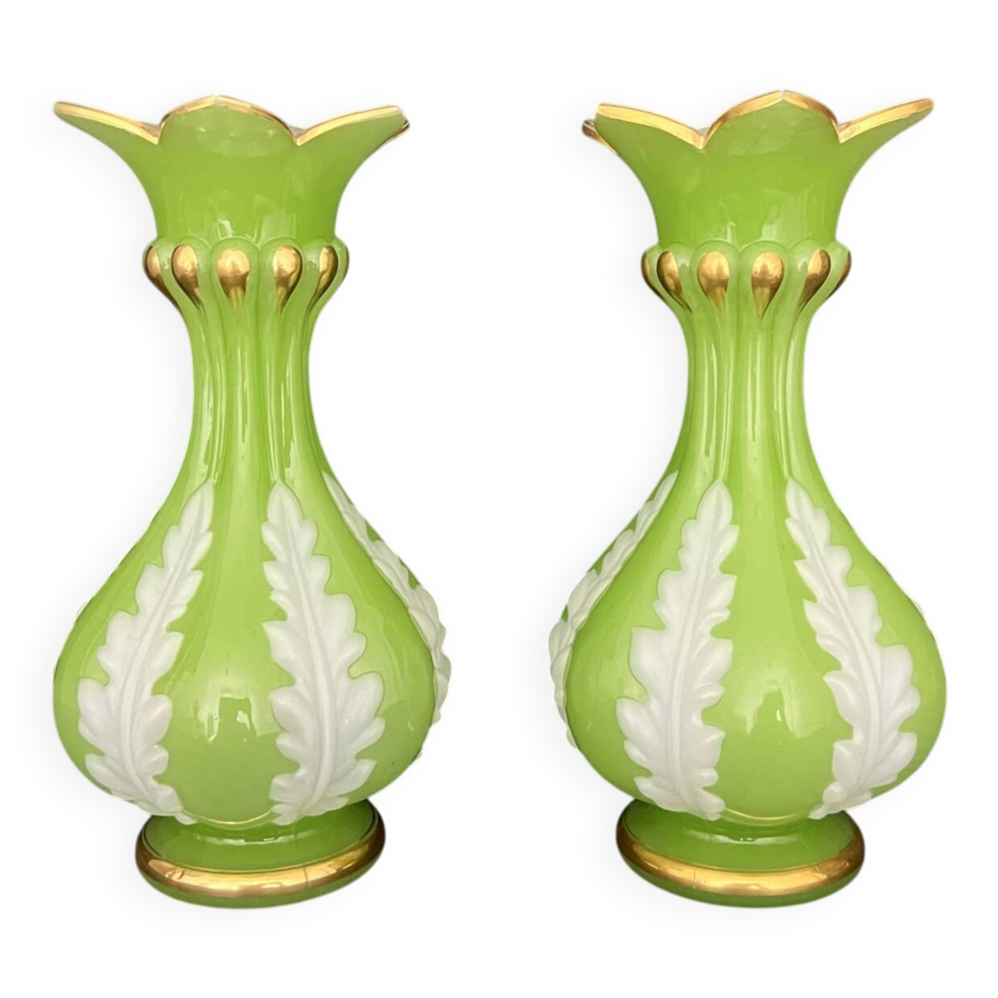 Pair of green and white opaline vases, attributed to Baccarat, period