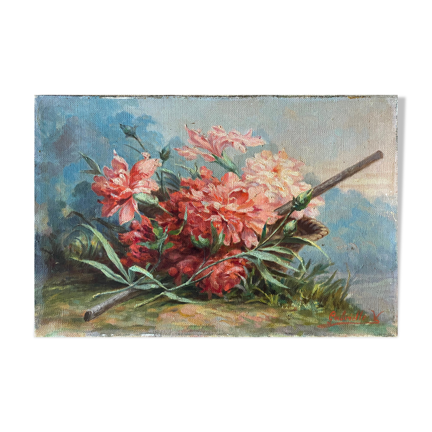 Painting 1900 Bouquet of flowers Carnations in the garden HST signed Gabrielle V.