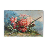 Painting 1900 Bouquet of flowers Carnations in the garden HST signed Gabrielle V.