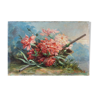 Painting 1900 Bouquet of flowers Carnations in the garden HST signed Gabrielle V.