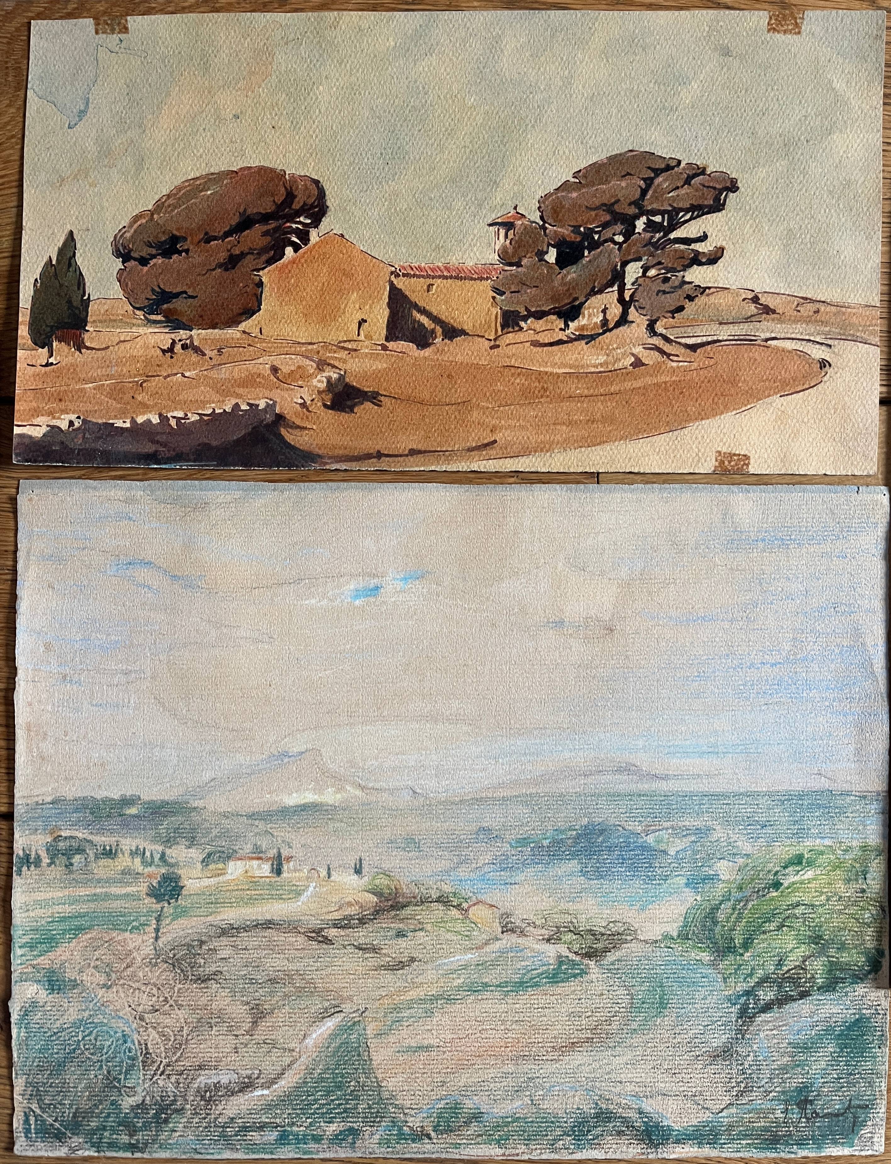 Paintings set of 4 drawings by Ed. Pannetier (1884-1965) Provence Côte d'Azur