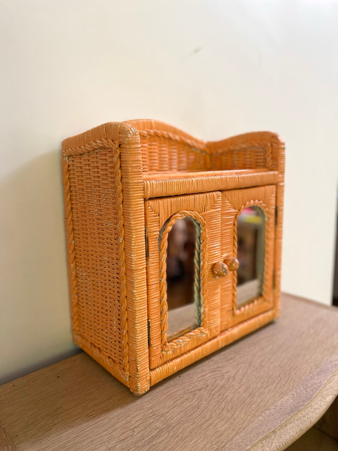Small vintage rattan wall cabinet