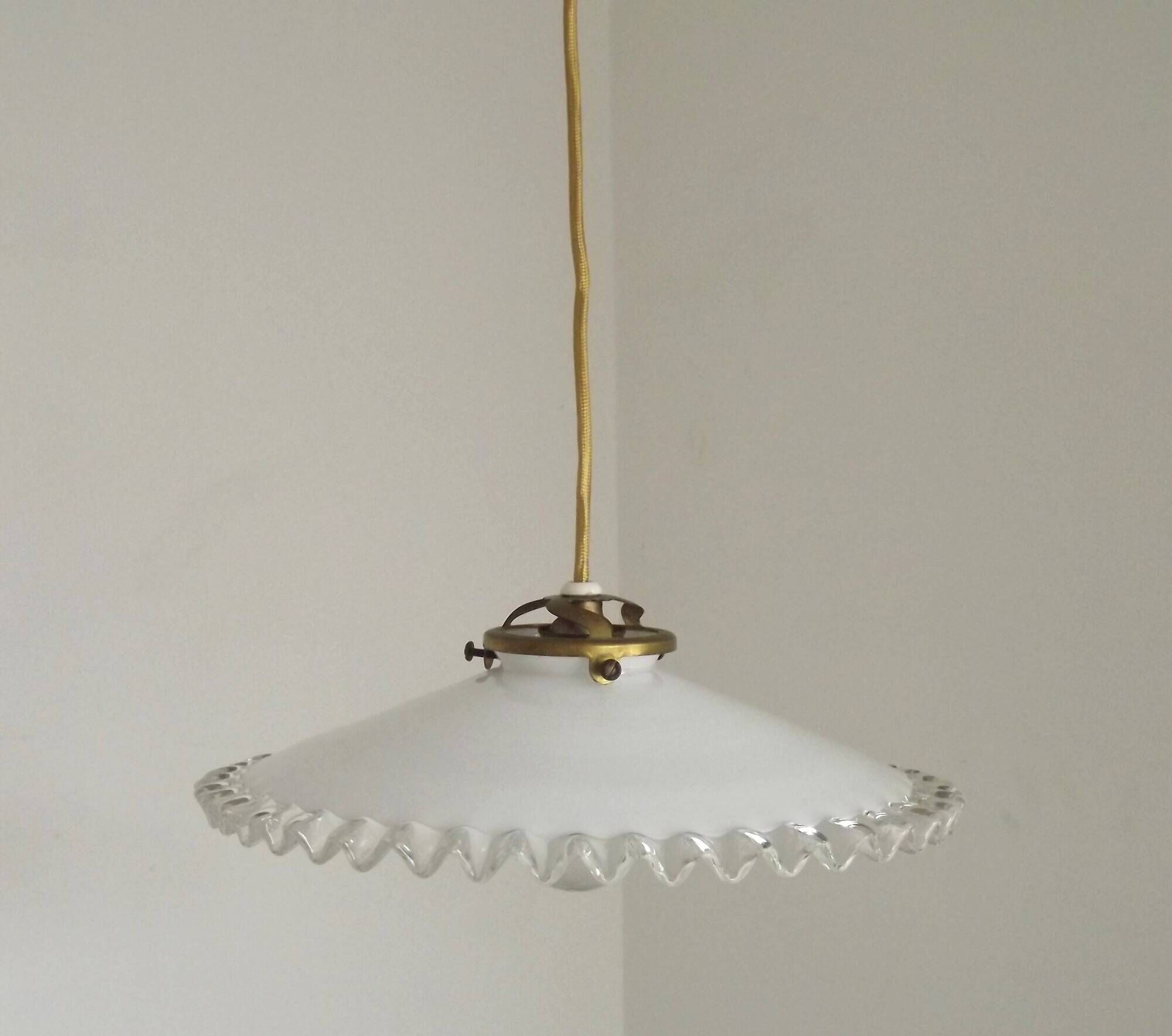 Vintage French White Opaline Glass Pendant Light Clear Glass Edge 5405