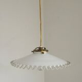Vintage French White Opaline Glass Pendant Light Clear Glass Edge 5405