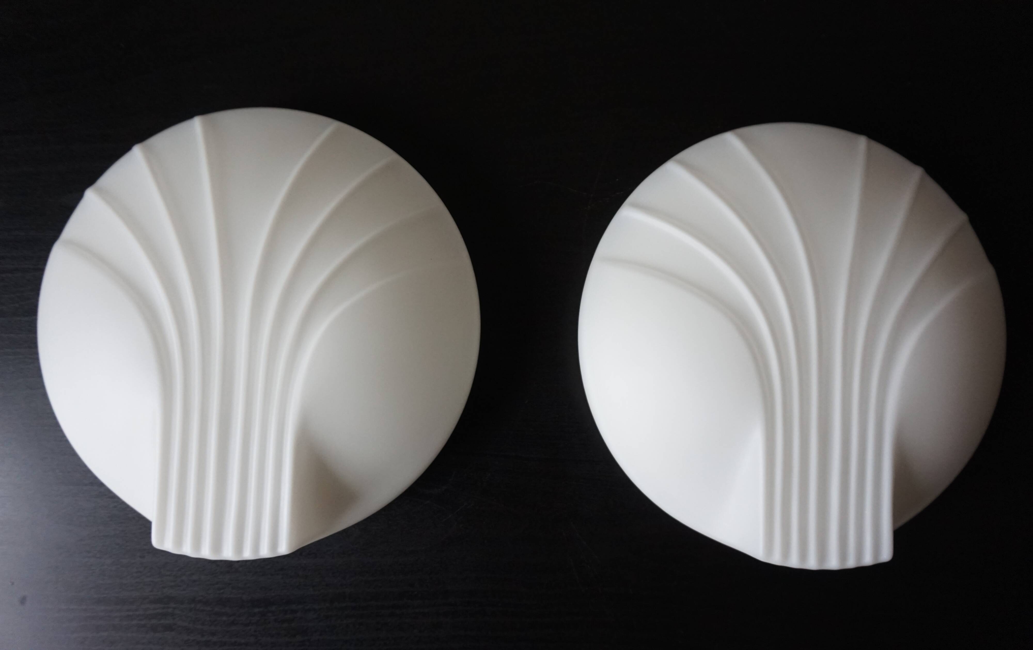Set of 2 Hillebrand Art Deco shell opal glass wall lamps, 1960