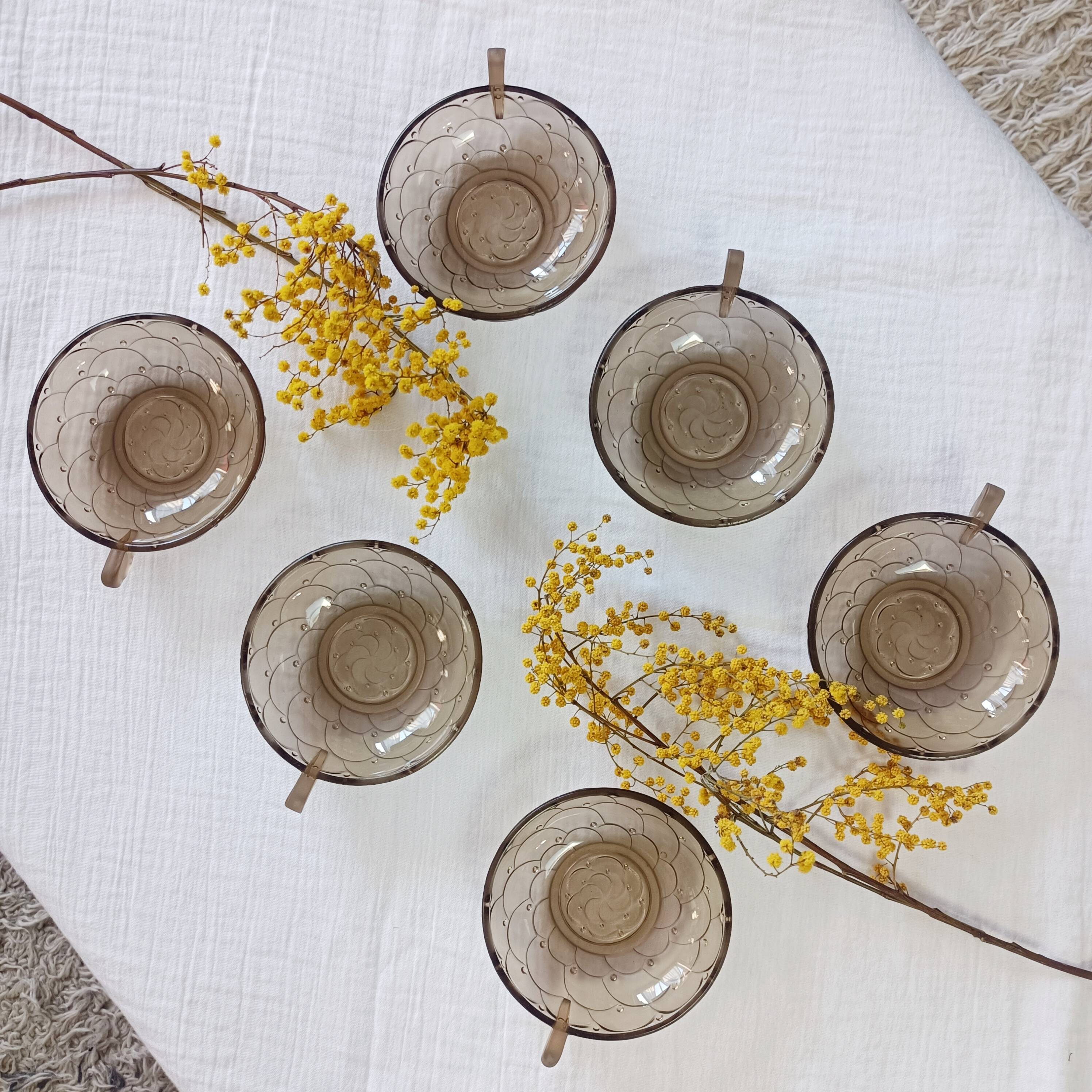 Set of 6 Art Deco dessert bowls in smoked glass.