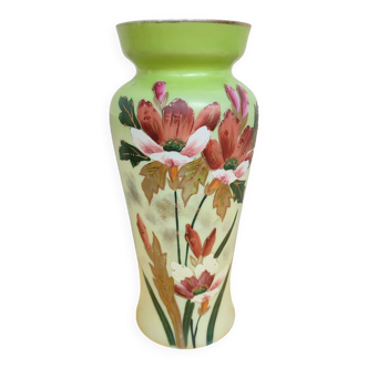 Opal glass vase with enamelled decoration and painted with flowers early twentieth century
